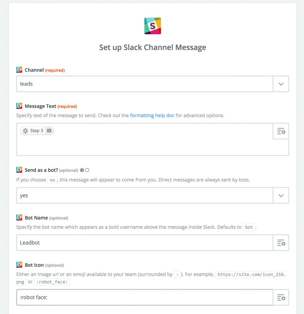 set up a slack channel message