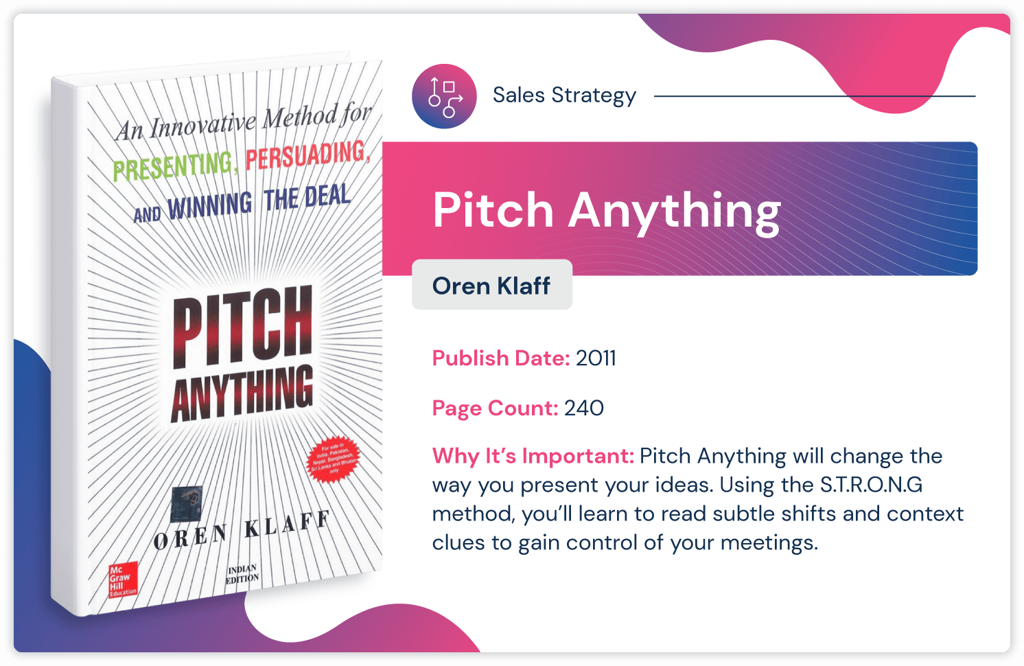 Sales strategy book "Pitch Anything" by Oren Klaff, published in 2011 and 240 pages long. 