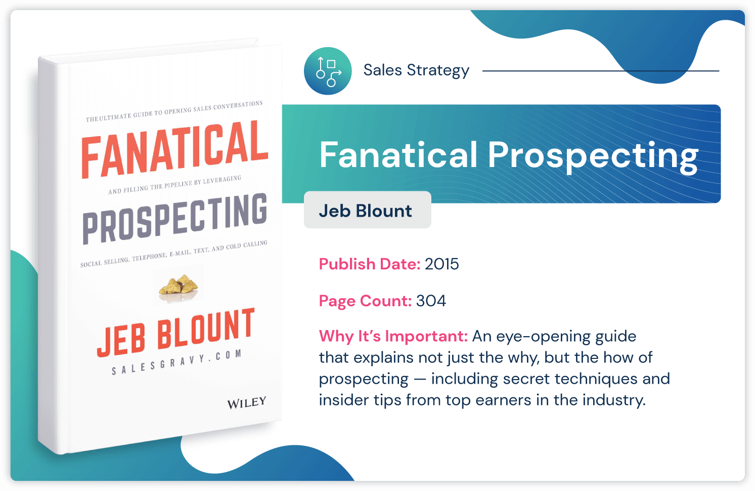Sales strategy book "Fanatical Prospecting" by Jeb Blount about insider prospecting tips published in 2015 and 304 pages