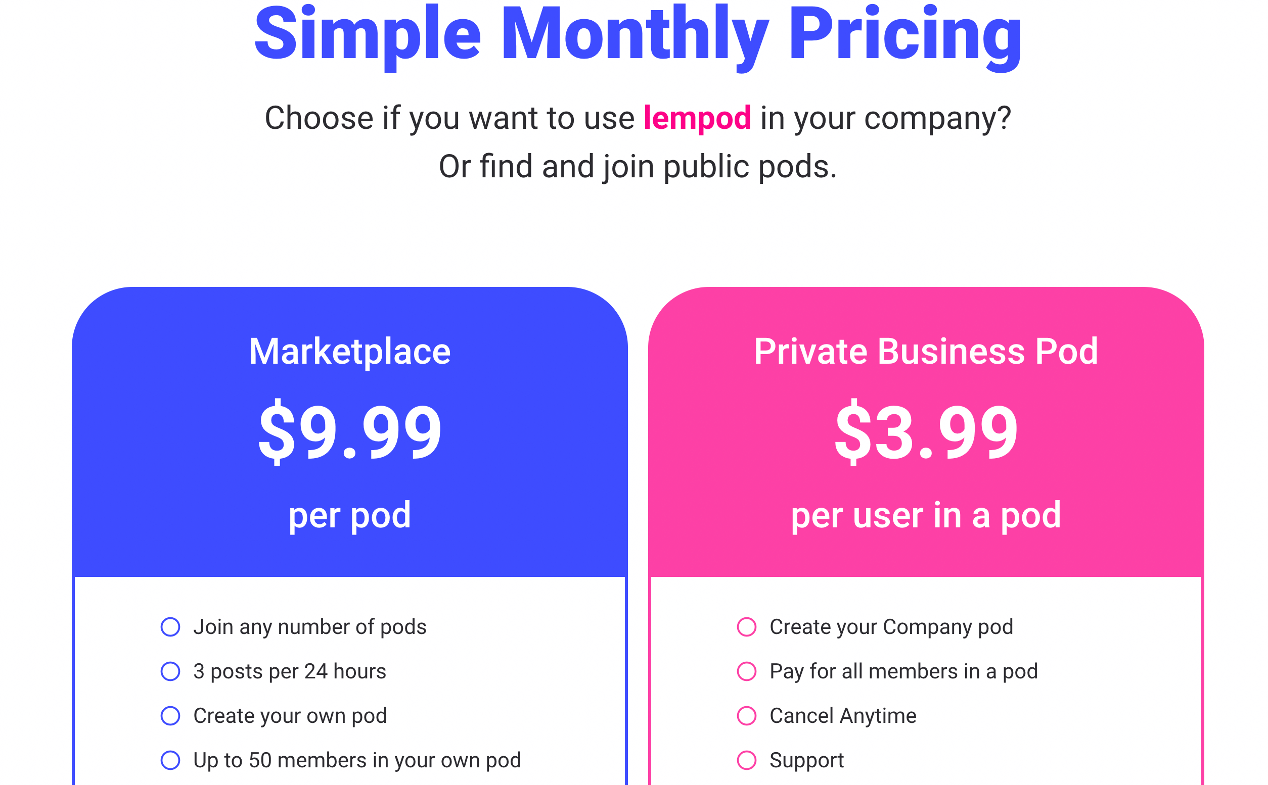 Lempod pricing homepage